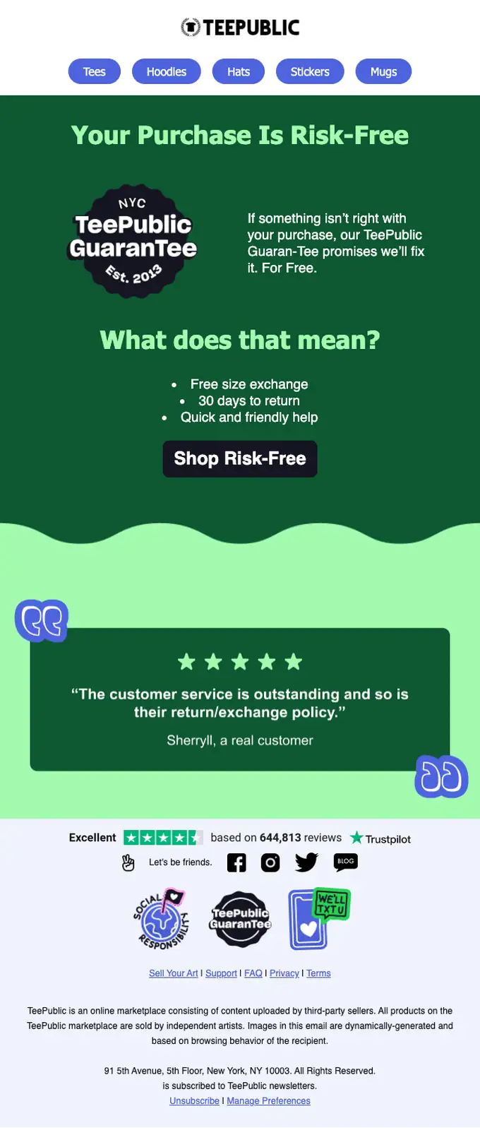 TeePublic account notice email, full length