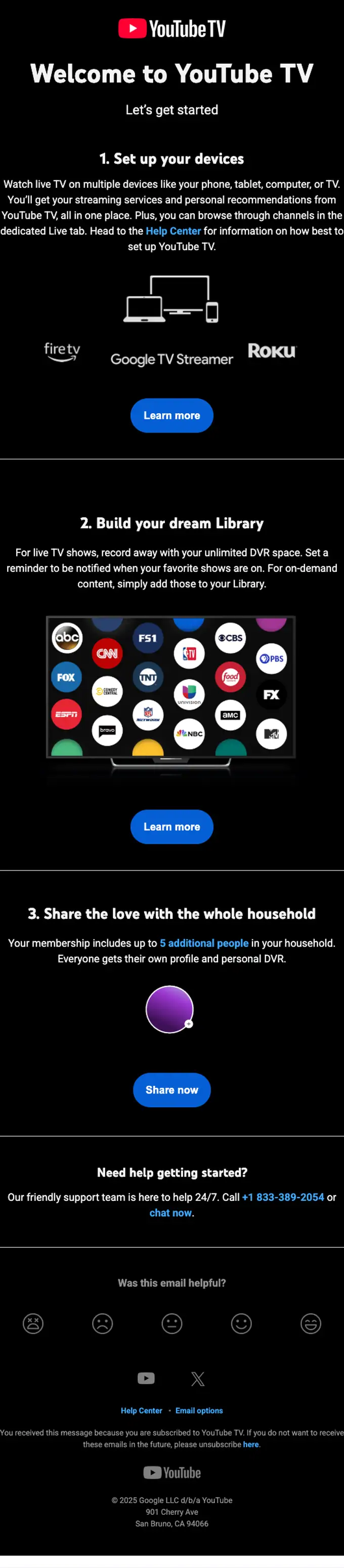 YouTube TV welcome email, full length