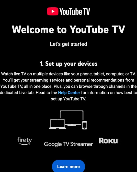 YouTube TV email