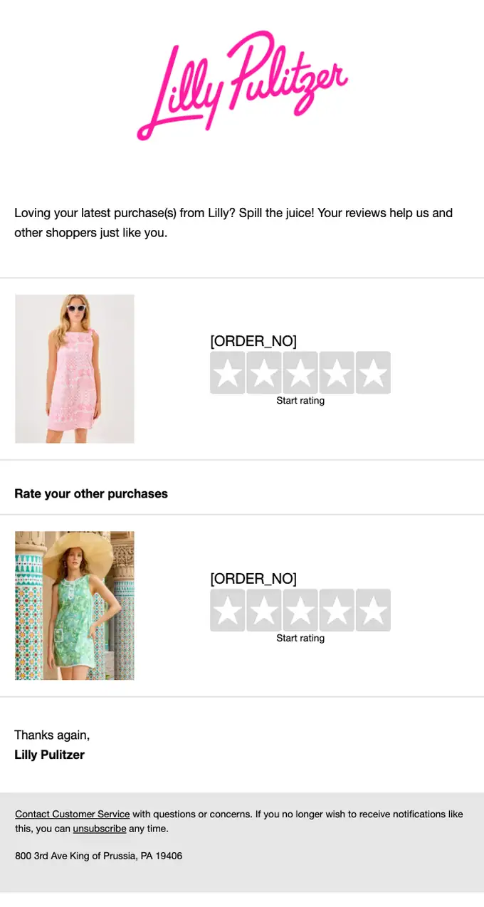 Lilly Pulitzer survey email, full length