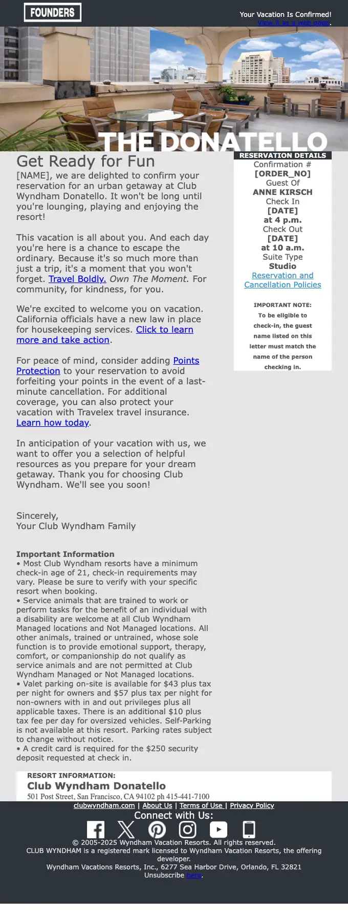 CLUB WYNDHAM booking confirmation email, full length