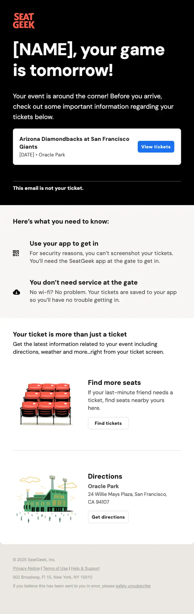 SeatGeek order reminder email, full length