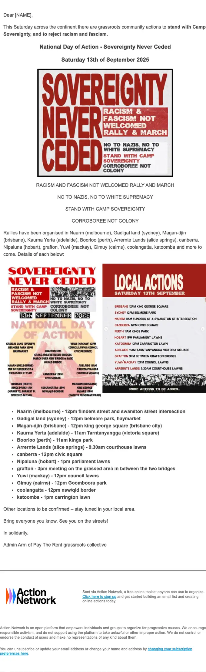Pay The Rent grassroots collective event invite email, full length