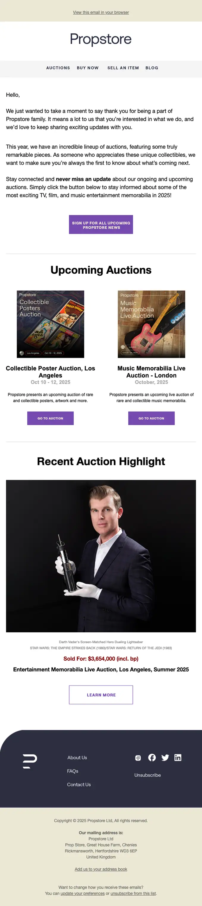 Propstore welcome email, full length