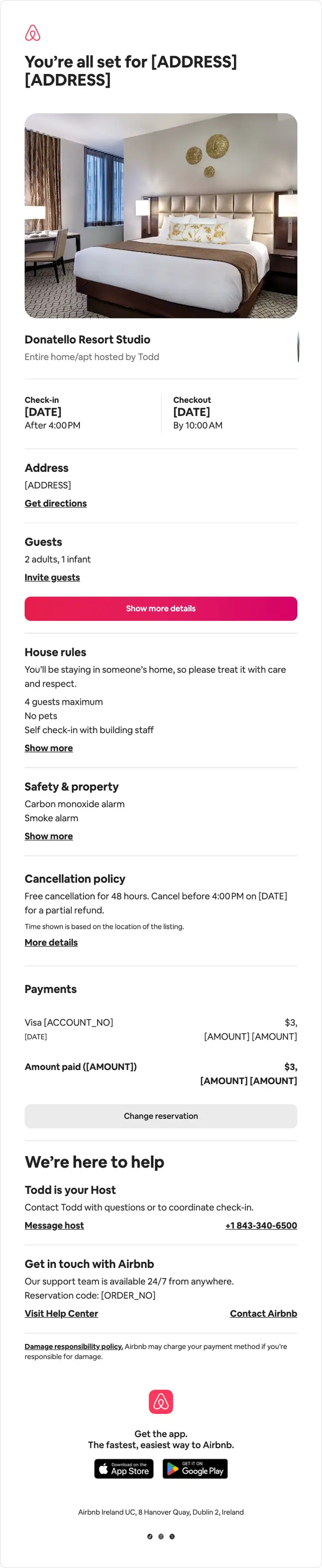 Airbnb booking confirmation email, full length