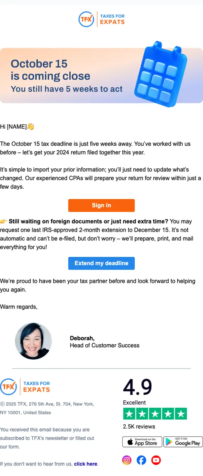 TFX account notice email, full length
