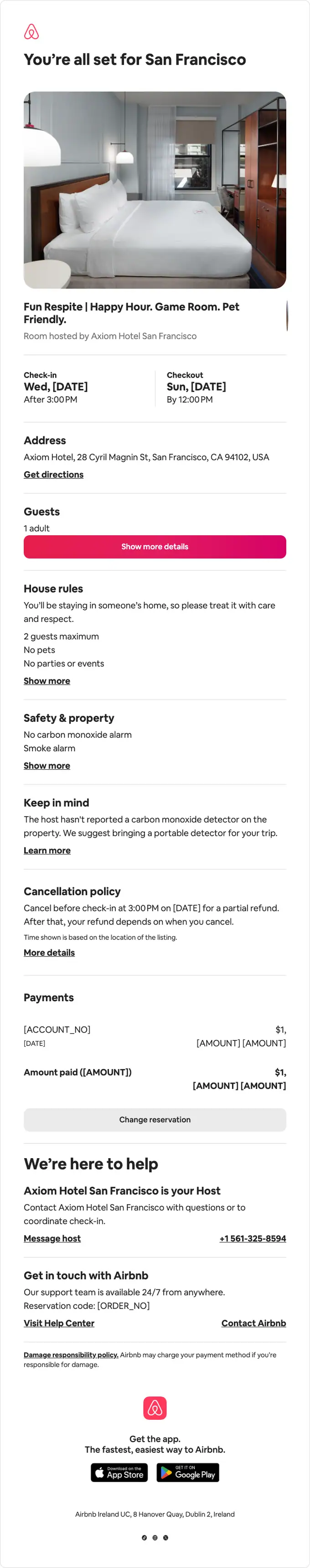 Airbnb booking confirmation email, full length
