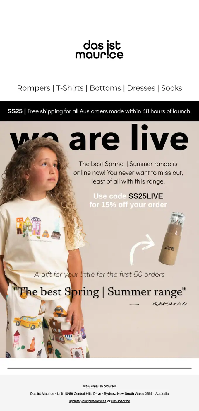Das Ist Maurice product launch email, full length