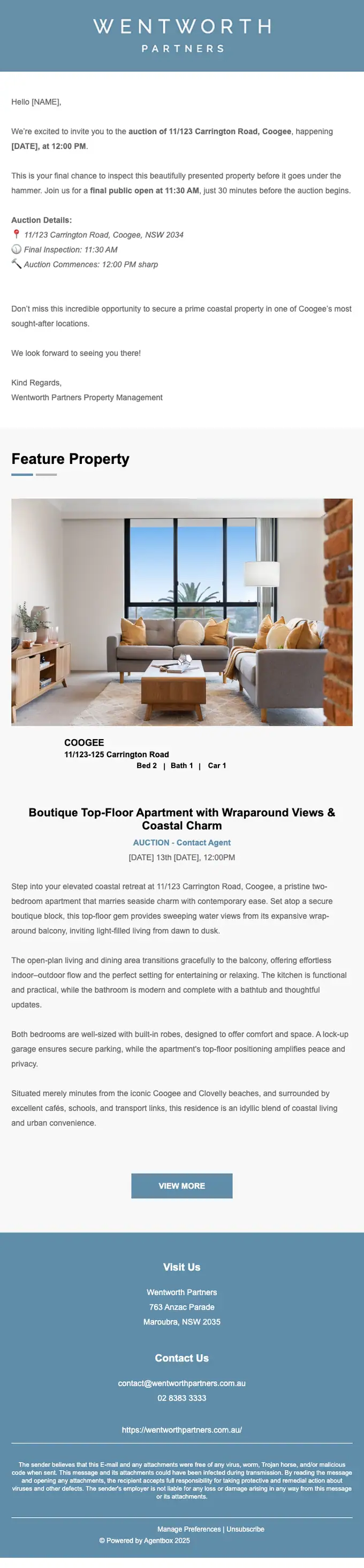 Wentworth Partners Property Management event invite email, full length