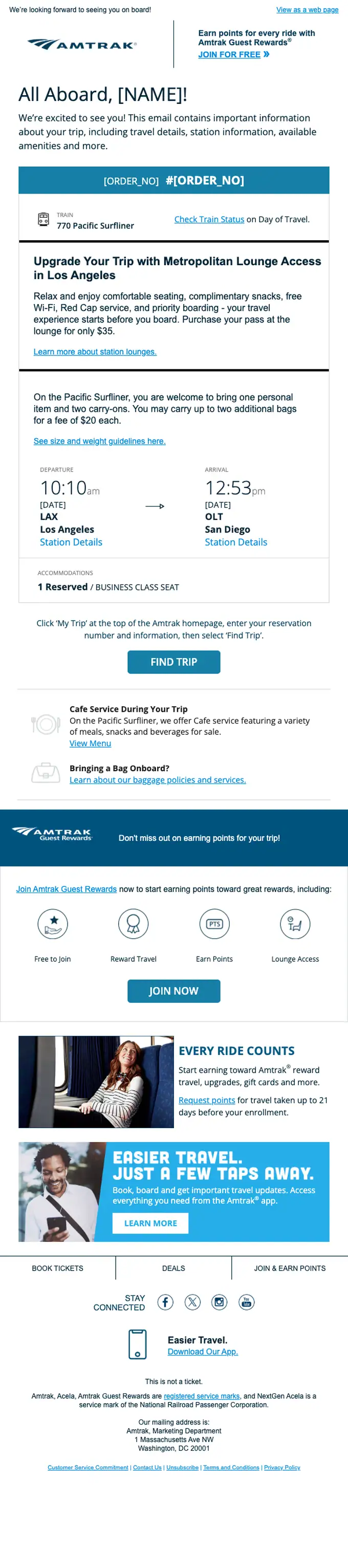 Amtrak booking confirmation email, full length