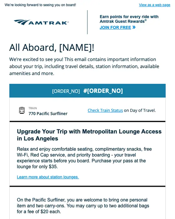 Amtrak booking confirmation email