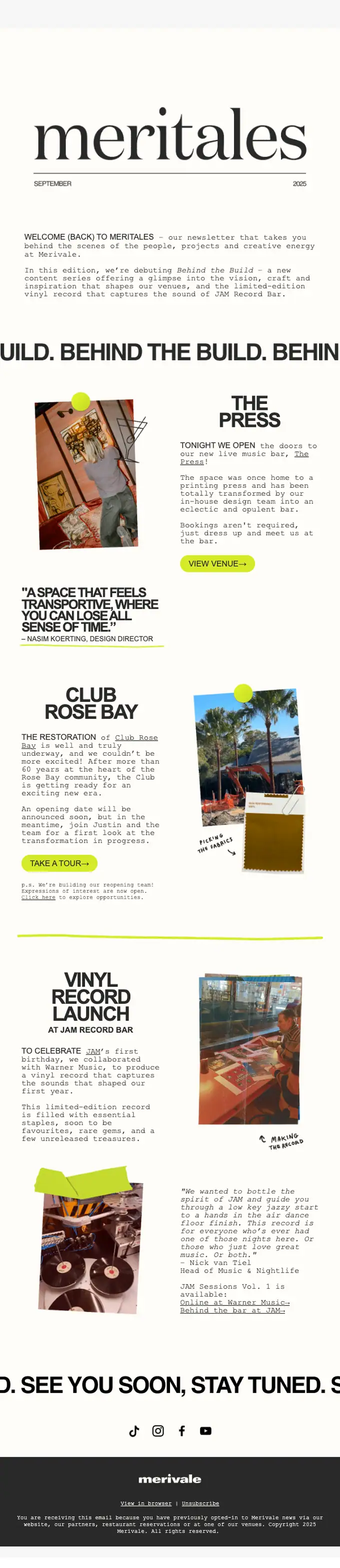 Merivale newsletter email, full length