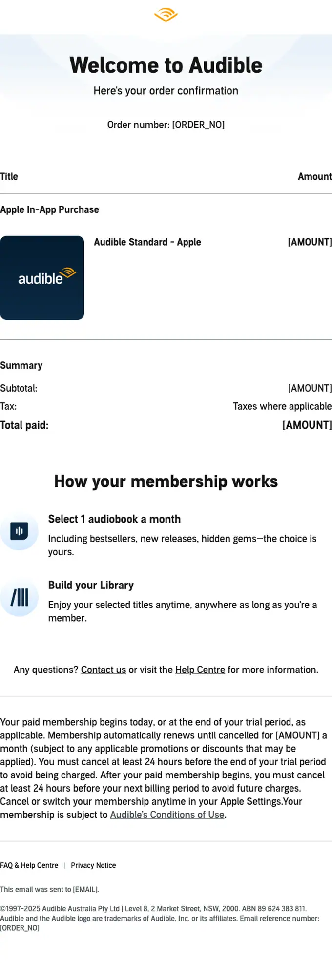 Audible.com.au order confirmation email, full length