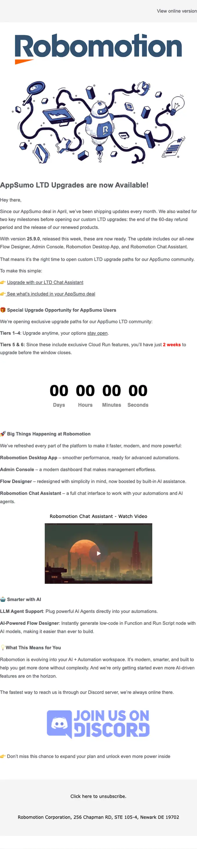 Robomotion promotional email, full length