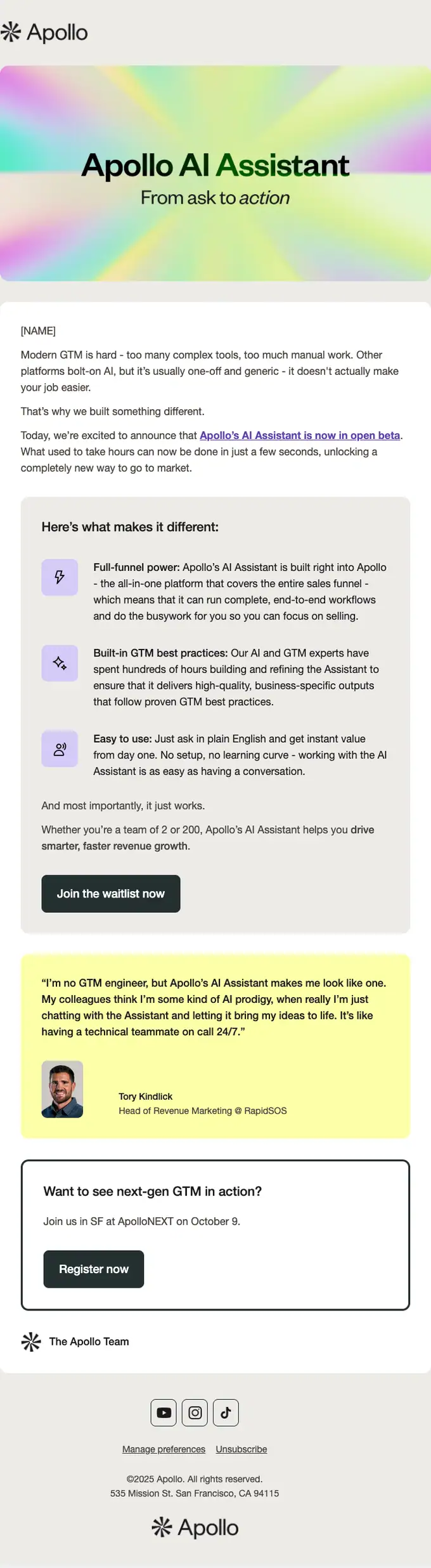Apollo product launch email, full length