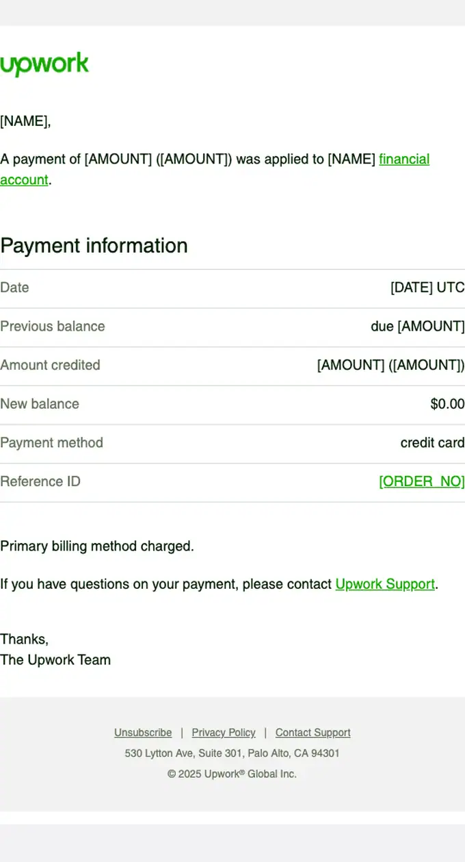 Upwork payment confirmation email, full length