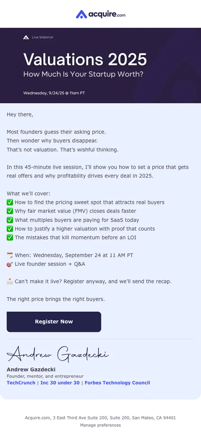 Acquire.com webinar email, full length