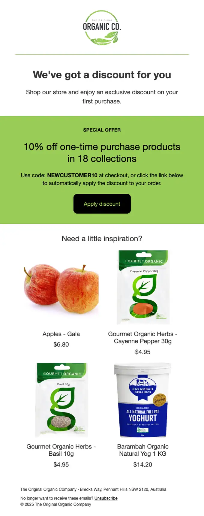 The Original Organic Company discount offer email, full length