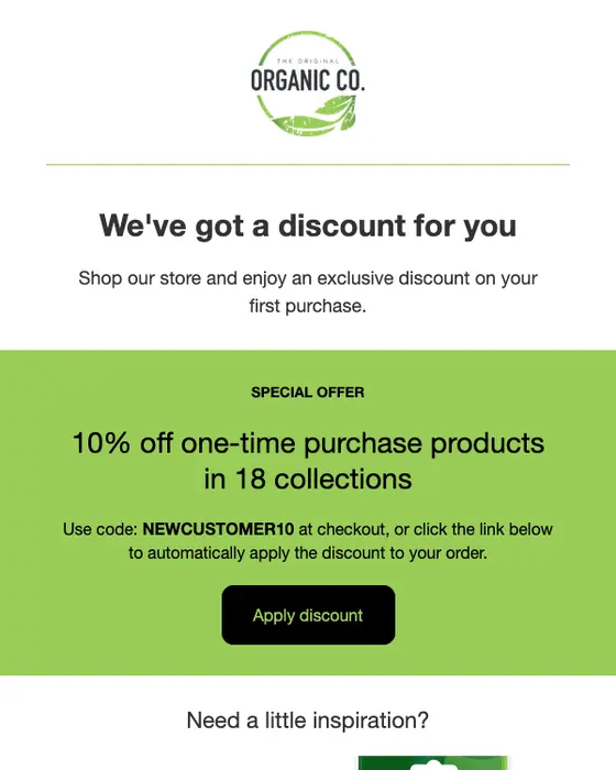 The Original Organic Company discount offer email