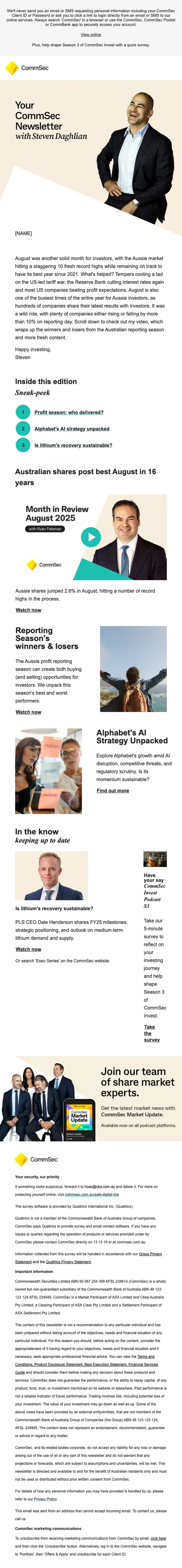 CommSec newsletter email, full length