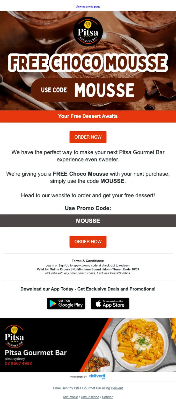 Pitsa Gourmet Bar abandoned cart email, full length