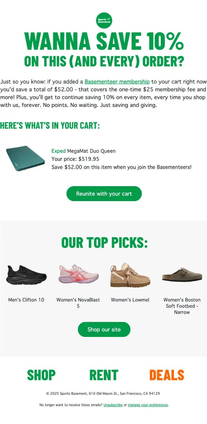 Sports Basement abandoned cart email, full length