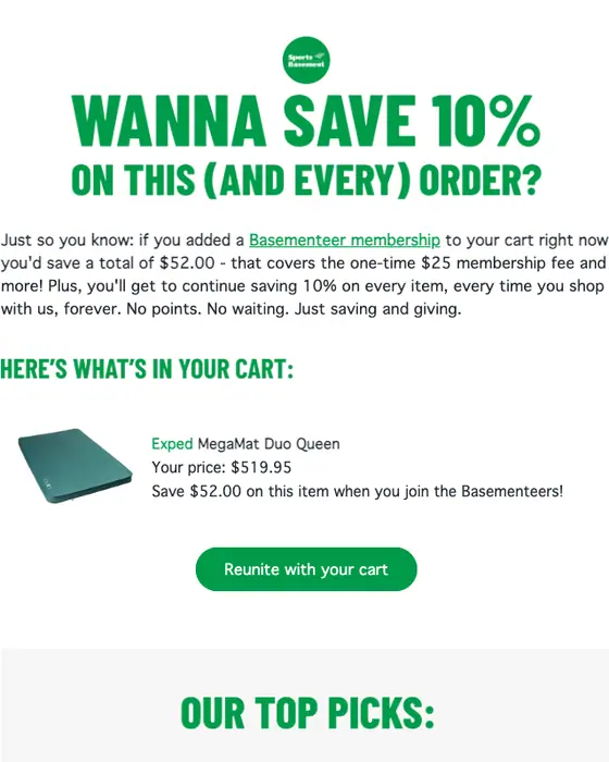 Sports Basement abandoned cart email