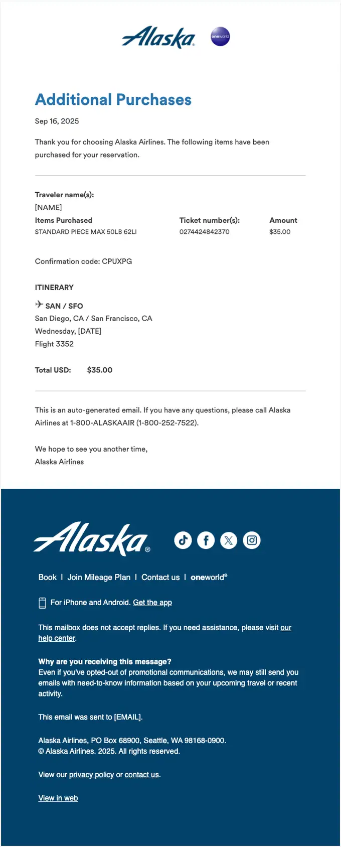 Alaska Airlines receipt email, full length