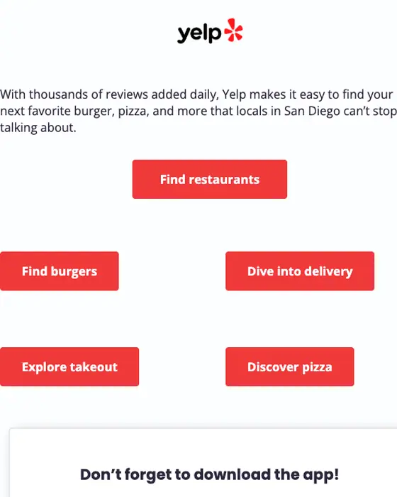 Yelp welcome email