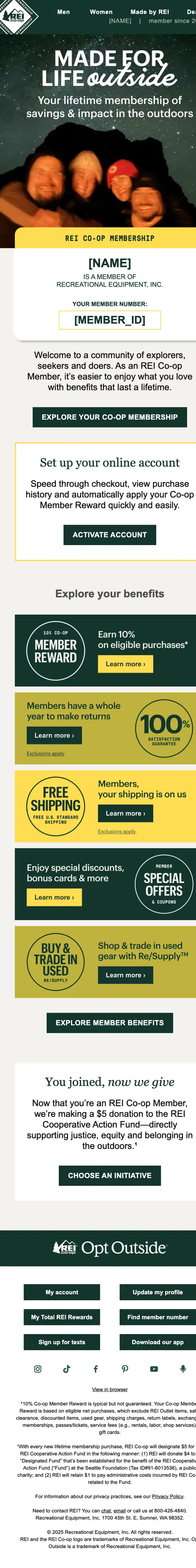 REI Co-op Membership welcome email, full length