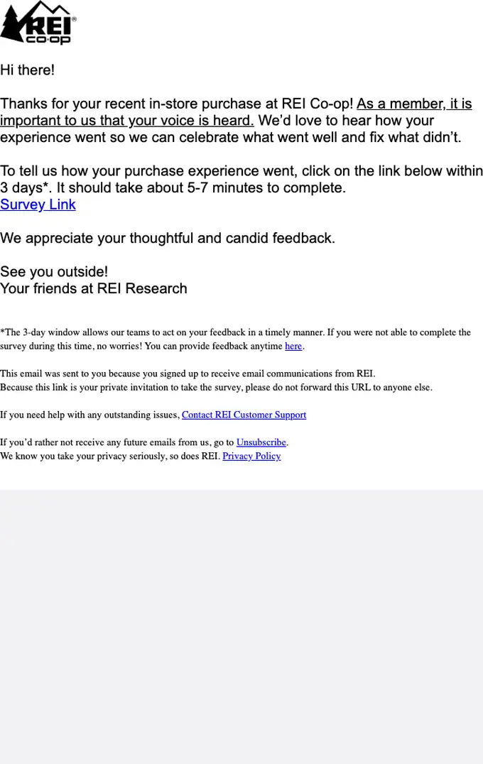 REI Co-op survey email, full length