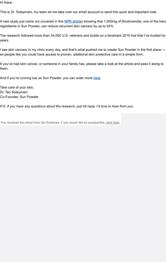 Sun Powder promotional email, full length