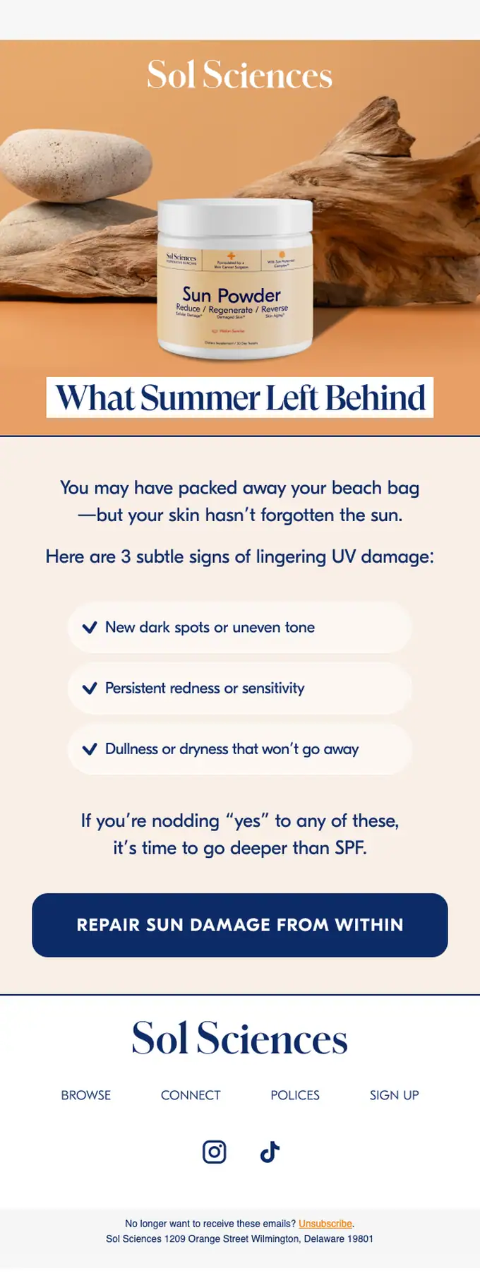 Sun Powder promotional email, full length