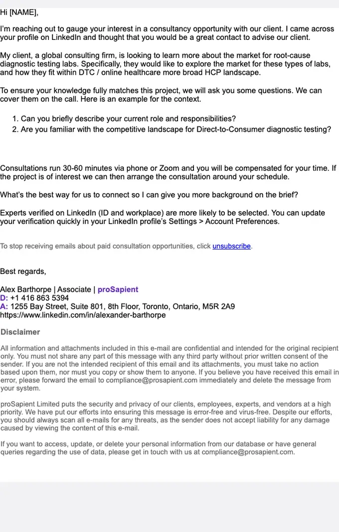 proSapient promotional email, full length