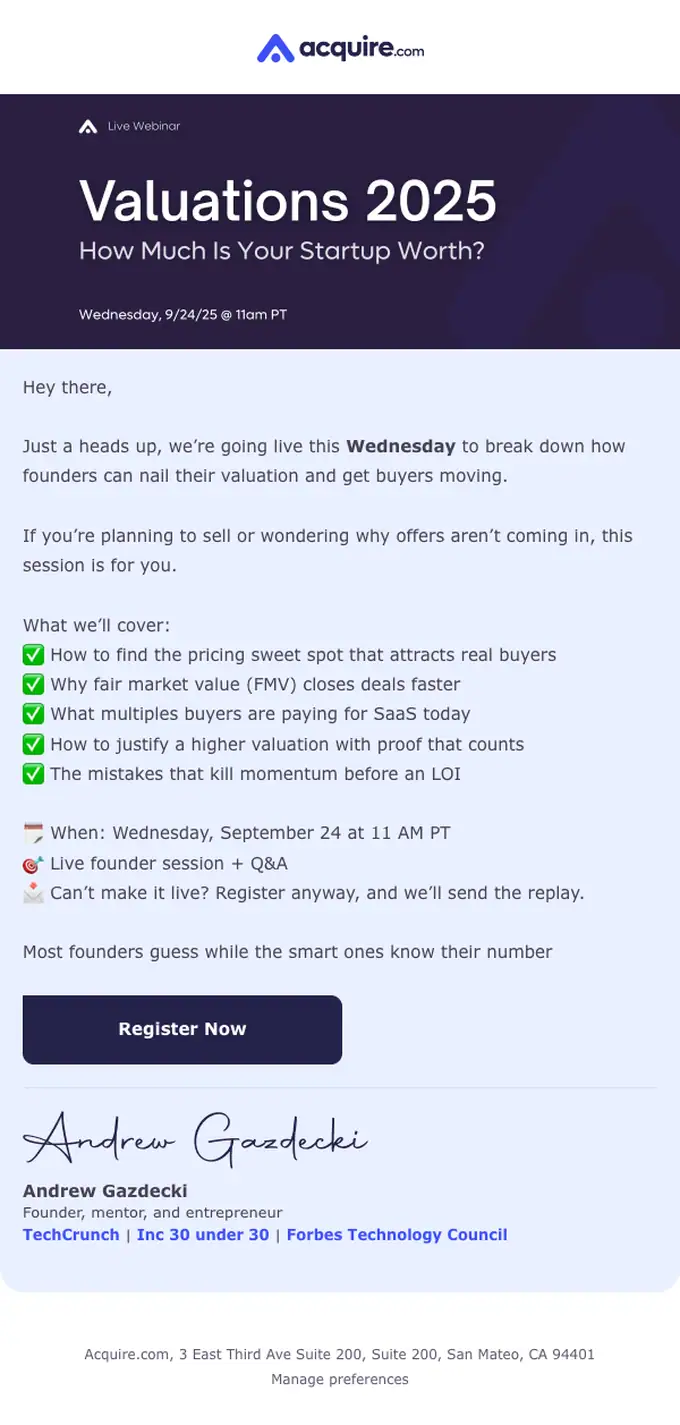 Acquire.com webinar email, full length