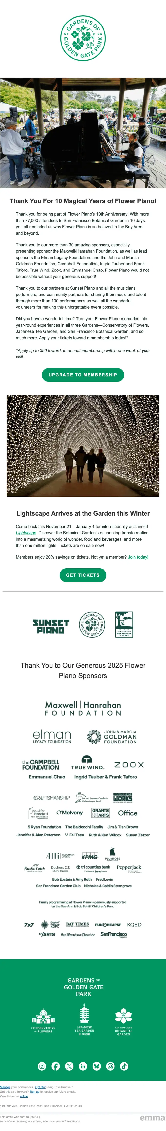 Gardens of Golden Gate Park thank you email, full length