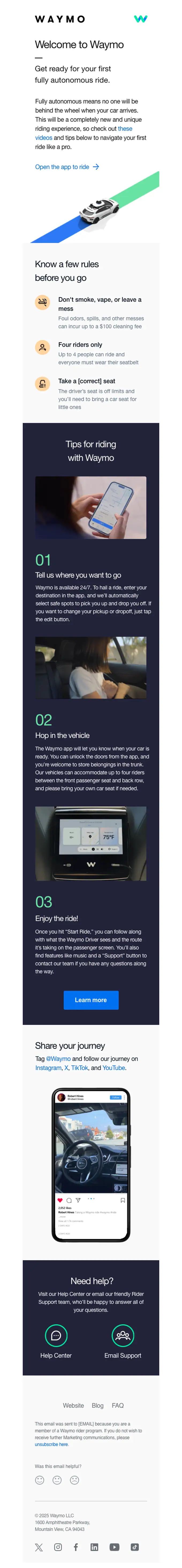 Waymo welcome email, full length