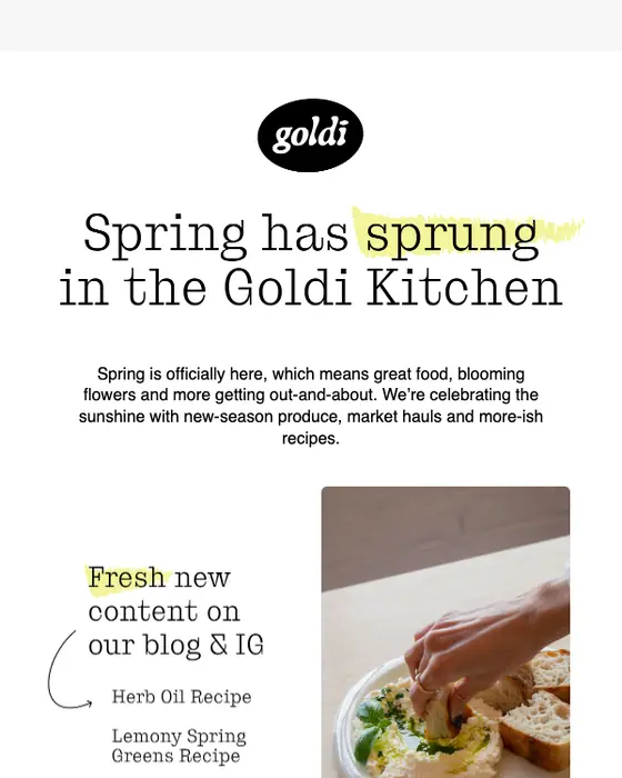 Goldi newsletter email: Spring means great produce and new recipes