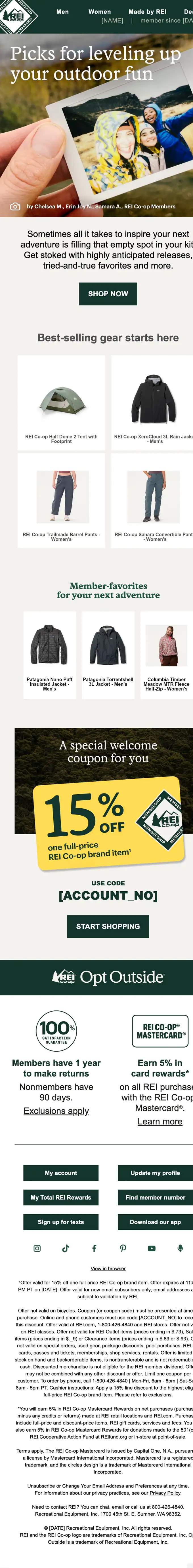REI Membership promotional email, full length