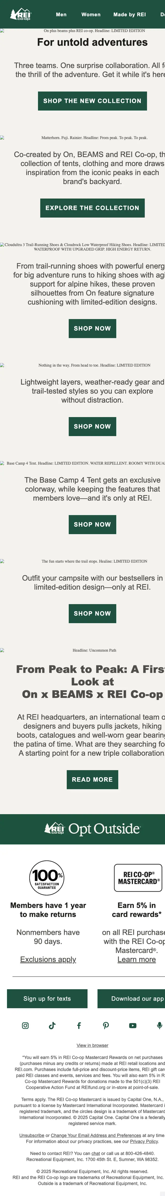 REI product launch email, full length