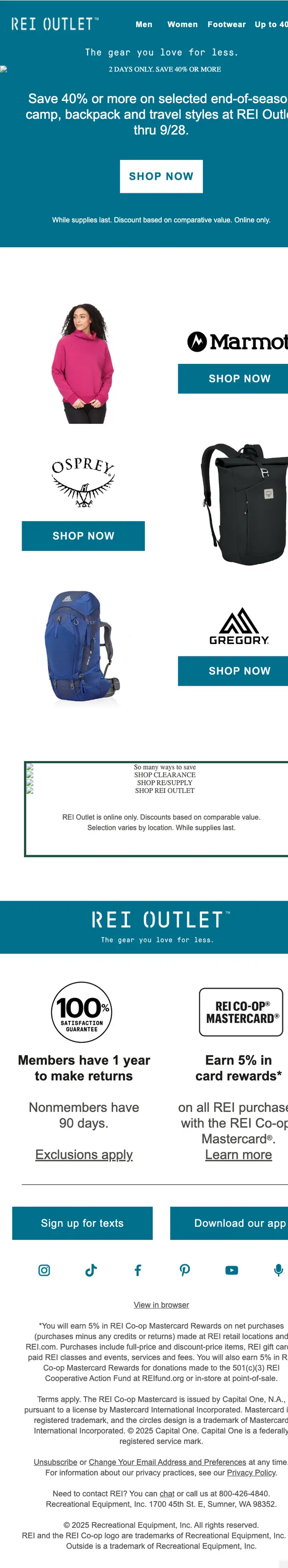REI Outlet sale email, full length