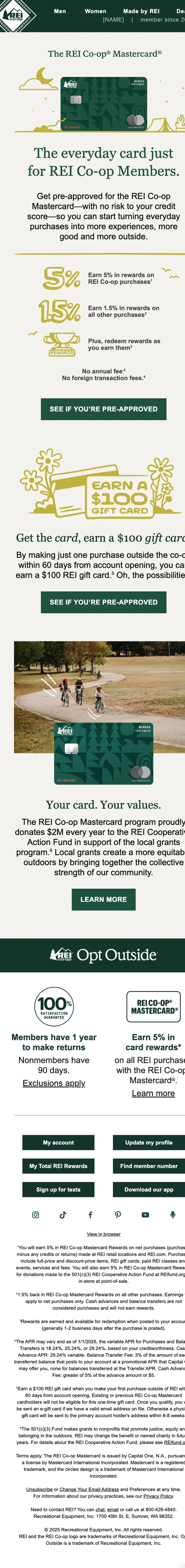 REI Co-op Mastercard promotional email, full length