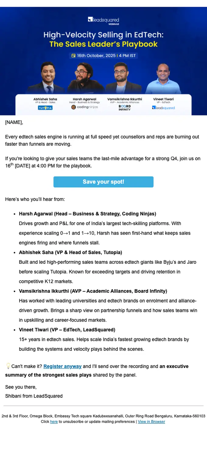 LeadSquared event invite email, full length