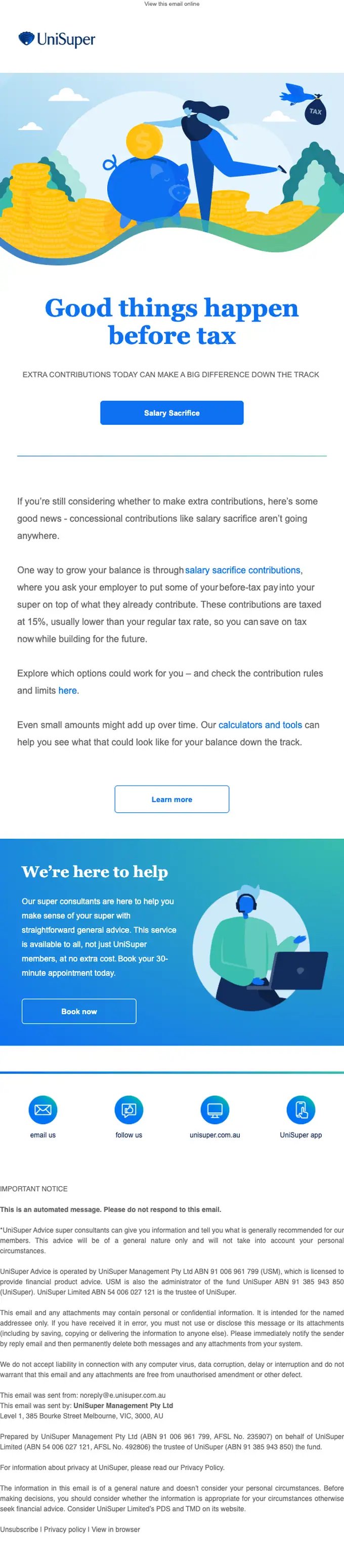UniSuper promotional email, full length