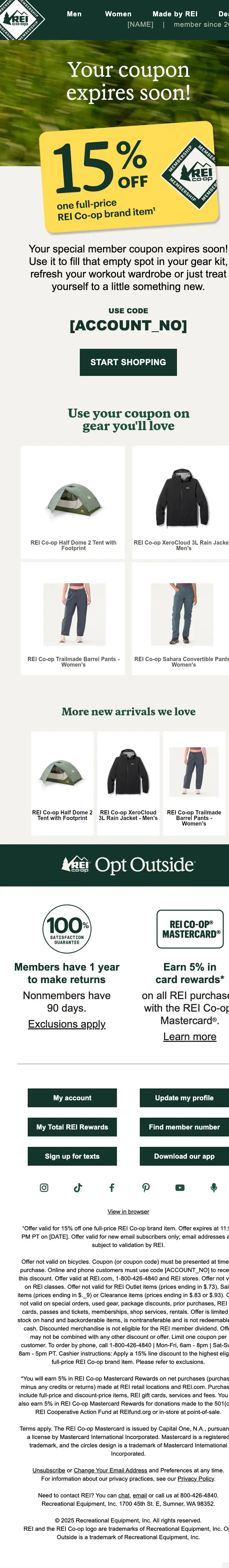 REI Membership expiration notice email, full length