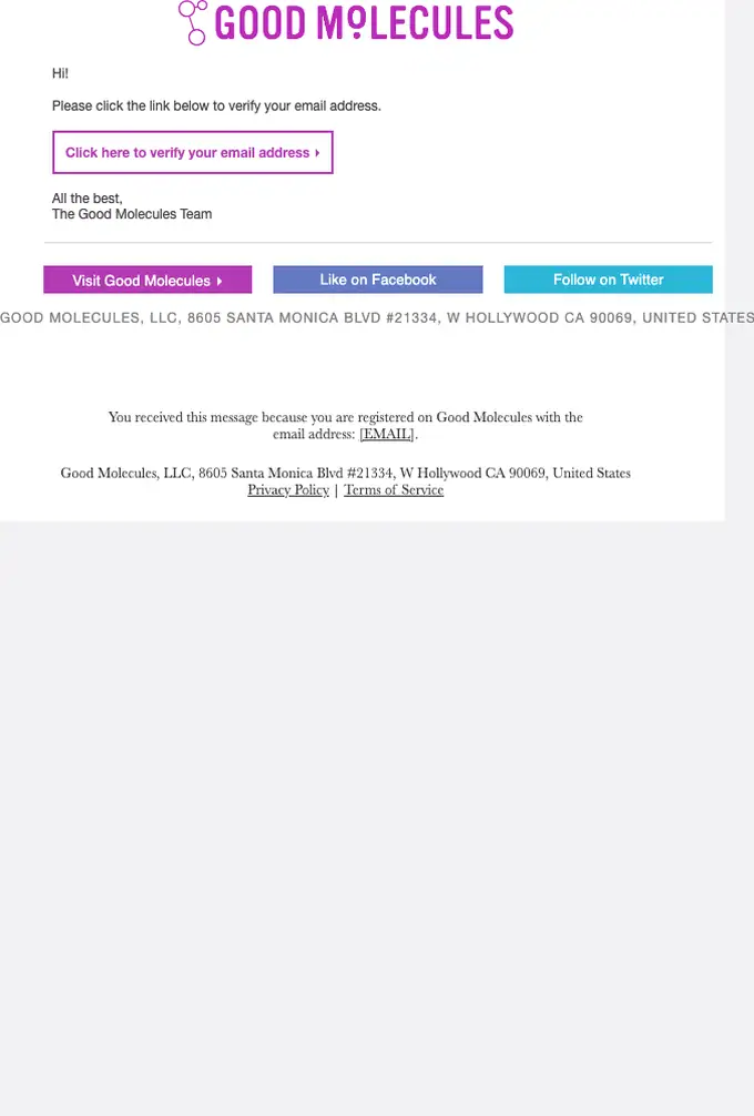 Good Molecules email verification email, full length
