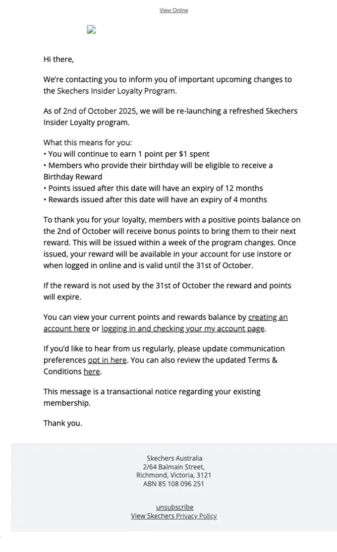 Skechers account notice email, full length