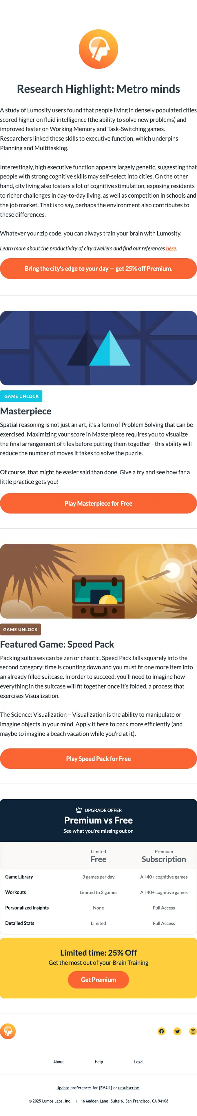 Lumosity newsletter email, full length