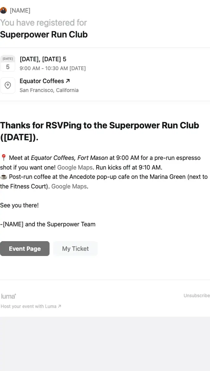 Superpower Run Club booking confirmation email, full length