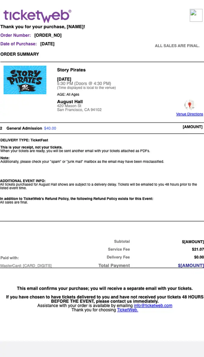TicketWeb order confirmation email, full length